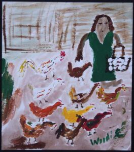 "Gathering Eggs" c.1989 by Woodie Long acrylic on paper unframed 7.75" x 6.75" $350 #13287