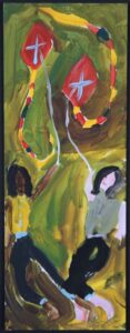 "Kids and Kites" by Woodie Long acrylic on paper white 8 ply mat, black frame 12" x 4.5" $290 #13288