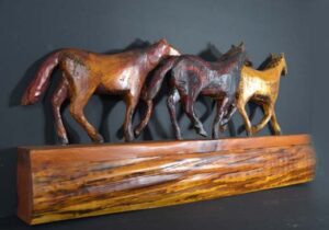"Three Horses" by Don Gahr painted carved wood 19.5" x 43" x 7" $3200 #4493