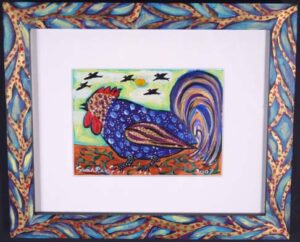 "Young Rooster and Old Crows" 2007 by Sarah Rakes acrylic on paper, acrylic on wood frame 7.75" x 11.75" in artist's handpainted frame $395 # 13328