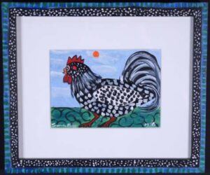 "Yard Rooster" 1998 by Sarah Rakes acrylic on paper acrylic on wood 9.5" x 11.5" in artist's handpainted frame $395 #13329
