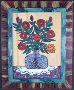 "August Zinnias in a Fancy Vase" 1995 by Sarah Rakes oil on canvas, acrylic on wood 21.75" x 17.25" x 1.5" in artist's handpainted frame $1200 #13332