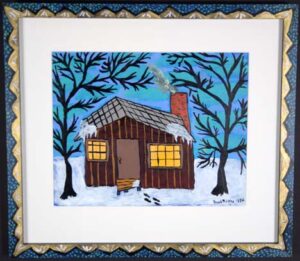 "Little Kingdom in the Sticks" 1994 by Sarah Rakes acrylic on paper, acrylic on wood frame 18.75" x 21" in artist's handpainted frame $800 #13334
