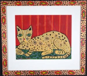 "House cat with Green Eyes" 1993 by Sarah Rakes acrylic on paper, acrylic on wood frame 19" x 21.5" in artist's handpainted frame $850 #13335