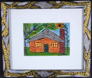 "Little Cabin in Summer" 2000 by Sarah Rakes acrylic on paper, acrylic on wood frame 10" x 11.75" $395 #13337