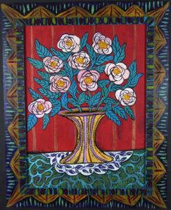 "Old Fashioned Flowers" 1996 by Sarah Rakes oil on canvas, acrylic on wood frame 30" x 24" in artist's hand painted frame $2300 #13338