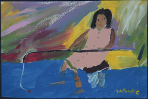 "Mama Fishing" c. 2009 by Woodie Long acrylic on paper 6" x 9" white 8 ply in black frame $280 #13366