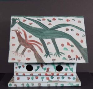 "Birdhouse with Two Men and Birds" c. 1992 by Mose Tolliver house paint on handmade wooden birdhouse 13.5" x 14.5" x 12.5" $2600 #13377