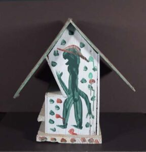 "Birdhouse with Two Men and Birds" c. 1992 by Mose Tolliver house paint on handmade wooden birdhouse 13.5" x 14.5" x 12.5" $2600 #13377