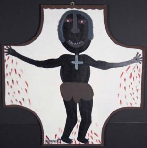 "Black Jesus on the Cross" c. 1989 by Annie Tolliver house paint on wood shape 24" x 24" irr $900 #13378