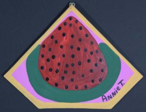 "Watermelon" c. 1989 by Annie Tolliver house paint on wood shape 12.5" x 16.5" $350 #13379