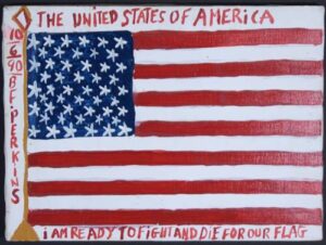 "Flag" dated 10-6-1990 by B.F. Perkins acrylic on canvas 12" x 16" unframed $600 #13382