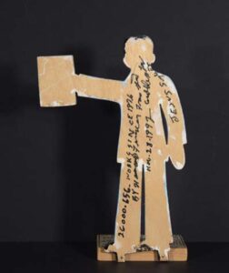 "Self Portrait on Stand" dated November 28, 1992  #26,656 by Howard Finster mixed media on wooden cutout 13" x 8.5" x 4" $1500 #13384