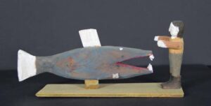 "Jonah and the Whale" c. 1989 by Fred Webster acrylic on carved wood 4.5" x 9.5" x 2.5" $700 #13396