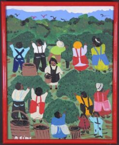 "Blue Berry Picking Time" c. 1994 by Bernice Sims Provenance: Marshall Hahn acrylic on canvas 20" x 16" in red frame $1100 #13398