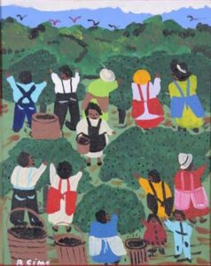 "Blue Berry Picking Time" c. 1994   by Bernice Sims acrylic on canvas 20" x 16" in red frame $1600 #13398  Provenance: Marshall Hahn