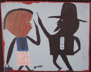 Couple Pointing ala Bill Traylor Provenance: Marshall Hahn by The Tolliver Family paint on plywood 20.5" x 20.25" $450 #13400