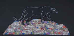 "Black Panther" #10,907 May 24, 1989 by Howard Finster Provenance: Marshall Hahn enamel paint & marker on wood cut out 11.5" x 27" $2500 #13402