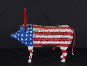 "S & L Bull" d. 1990 by Ned Cartledge Provenance: Marshall Hahn acrylic on carved wood 10.5" x 13" x 9.5" $900 #13406