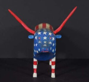 "S & L Bull" d. 1990 by Ned Cartledge Provenance: Marshall Hahn acrylic on carved wood 10.5" x 13" x 9.5" $900 #13406