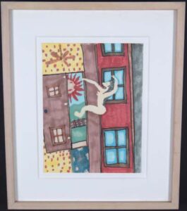 Falling Figure with Buildings by anonymous Provenance: Marshall Hahn watercolor and marker on paper 9" x 11.75" in light natural wood frame $200 #13414