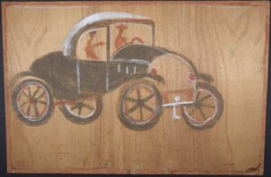 "First car in Fayette" c. 1989 by Jimmie Lee Sudduth mud and kaolin on plywood 32" x 48" unframed $3600 #13421 Provenance: Marshall Hahn