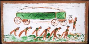 "Picking and Loading Cotton" c. 1989 by Jimmie Lee Sudduth mud and paint on plywood 24" x 48" unframed $2800 #13423 Provenance: Marshall Hahn