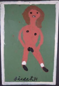 Nude Woman c. 1989 by Jimmie Lee Sudduth paint on metal sign 36.25" x 24.25" unframed $1200 #13430 Provenance: Marshall Hahn