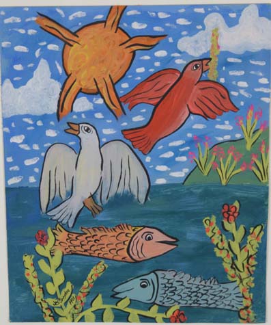 Fish and Birds dated 1991 by Jes Snyder acrylic on posterboard 15" x 12" $200 #13418 Provenance: Marshall Hahn