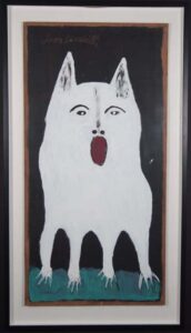 With frame "Toto" c. 1996 by Jimmie Lee Sudduth mud, paint on wood 48" x 23.75" mounted in black floater frame with 2.5" space around $4000 #13445