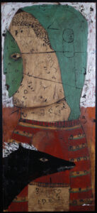 "Going Together" c. 2003 by Michael Banks mixed media, tar, on plywood 48" x 21.25" in wide black floater frame $2400 #13446