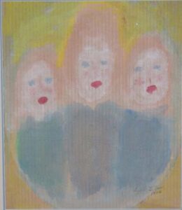 Three Sisters by Sybil Gibson tempera on cardboard ply 18.75" x 16 in double matted in 2"cream mat with 1" blue & cream frame 24" x 21.5" $3000 #13448 Provenance: George & Sue Viener