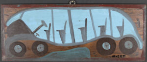 "Freedom Bus" verso:  "Quail Fish" c. 1980 by Mose Tolliver house paint on wood 11" x 27.25" $1900 #13459