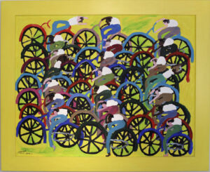 "Bikers" Dated 2008 by Woodie Long acrylic on wooden construction 46" x 56.5" $14000 #13465