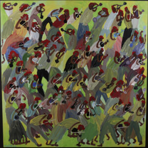 "Musicians" dated 2008 by Woodie Long acrylic on wooden construction 49" x 48" x 1.25" $11,000 #13466
