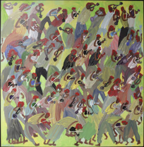 "Musicians" dated 2008 by Woodie Long acrylic on wooden construction 49" x 48" x 1.25" $14000 #13466