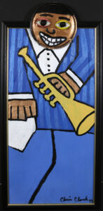 "Music Man" dated 1999 by Chris Clark acrylic on wood with found objects 27.75" x 13.5" small black frame $600 #13470