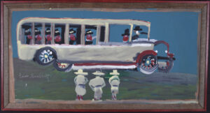 "Bus" c. 95 by Jimmie Lee Sudduth mud, paint on wood 48" x 24" rustic wood frame with red border 51.5" x 27.5" rustic wood frame with red border 51.5" x 27.5"  $2600 #13473