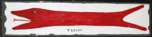 "Big Red Fish" c. 99 by Mose Tolliver paint on wood 9.5" x 40.25" $1300 #13477