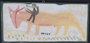 "Me When I Was Young Riding a Horse and Smoking a Pipe" c. 1997 by Mose Tolliver paint on wood 12" x 25.5" $2000 #13483