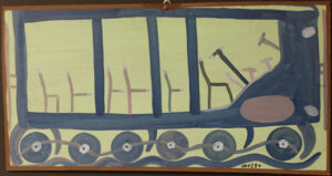 "Blue Train" dated 1988 by Mose Tolliver house paint on wood 17" x 33.5" $4200 #13489