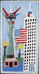 "Big Apple" c. 1995 by Sam McMillan 	acrylic on wood 25" x 13.25" in artist's hand painted frame $650 #13490