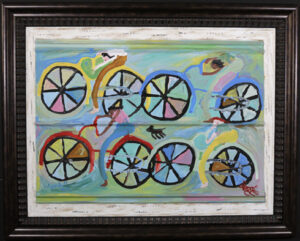 "Bikers" dated 1999 by Woodie Long acrylic on tin 26.5" x 36" mounted on white distressed wood 30.5" x 40" $2000 #13495