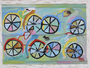 "Bikers" dated 1999 by Woodie Long 	acrylic on tin 26.5" x 36" mounted on white distressed wood 30.5" x 40" $2000 #13495