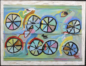 "Bikers" dated 1999 by Woodie Long acrylic on tin 26.5" x 36" mounted on white distressed wood 30.5" x 40" $2000 #13495