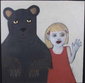 "Beary Nice Day" dated 2023 by Anne Buffum mixed media on wood panel 24" x 24" in black shadowbox $1500 #13501