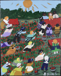 "Strawberry Picking Time" by Bernice Sims acrylic on canvas 20" x 16" in simple black frame $1200 #13506