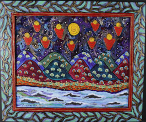 "Lunar Infants, Water and Moonlight" 2023 by Sarah Rakes acrylic on wood 20.75" x 24.85" in artists hand painted frame $1250 #13508