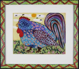 "Happy Fat Rooster" 2008 by Sarah Rakes acrylic on paper with white mat 19" x 21.25" artist's hand painted frame	$900 #13512