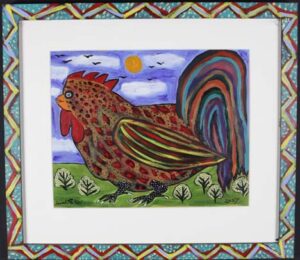 "Happy Rooster" 2007 acrylic on paper with white mat 21.25" x 19" artist's hand painted frame $800 #13513
